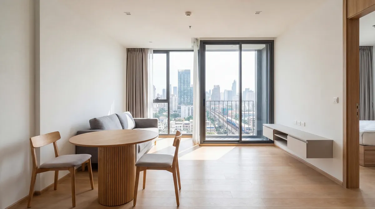 มุมห้องนั่งเล่นคอนโดสไตล์โมเดิร์น